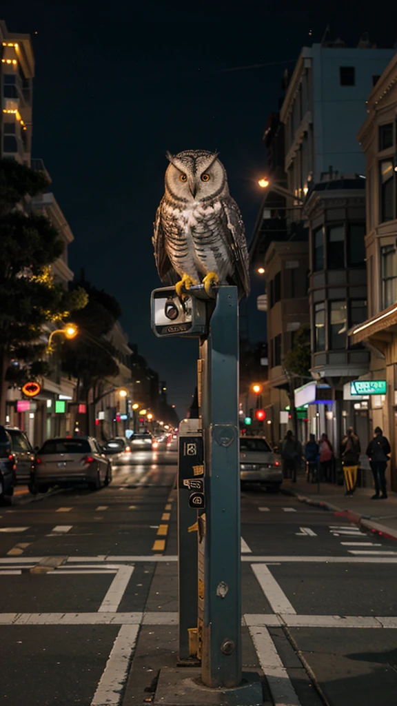 Street in San Francisco, evening, many business lights, owl stopped at a traffic light 
