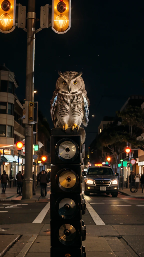 Street in San Francisco, evening, many business lights, owl stopped at a traffic light