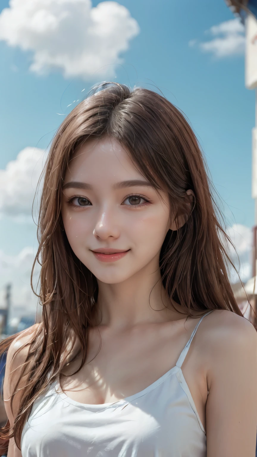 (8k, Highest quality, masterpiece:1.2), (Realistic, photo-Realistic:1.37), Very detailed, 1 girl,cute, alone,Beautifully detailed skies,date,(Red Nose),(smile:1.15),(Mouth closed) ,Beautiful details, (Long Hair:1.2),Floating Hair NovaFrogStyle, Upper Body, Tank top