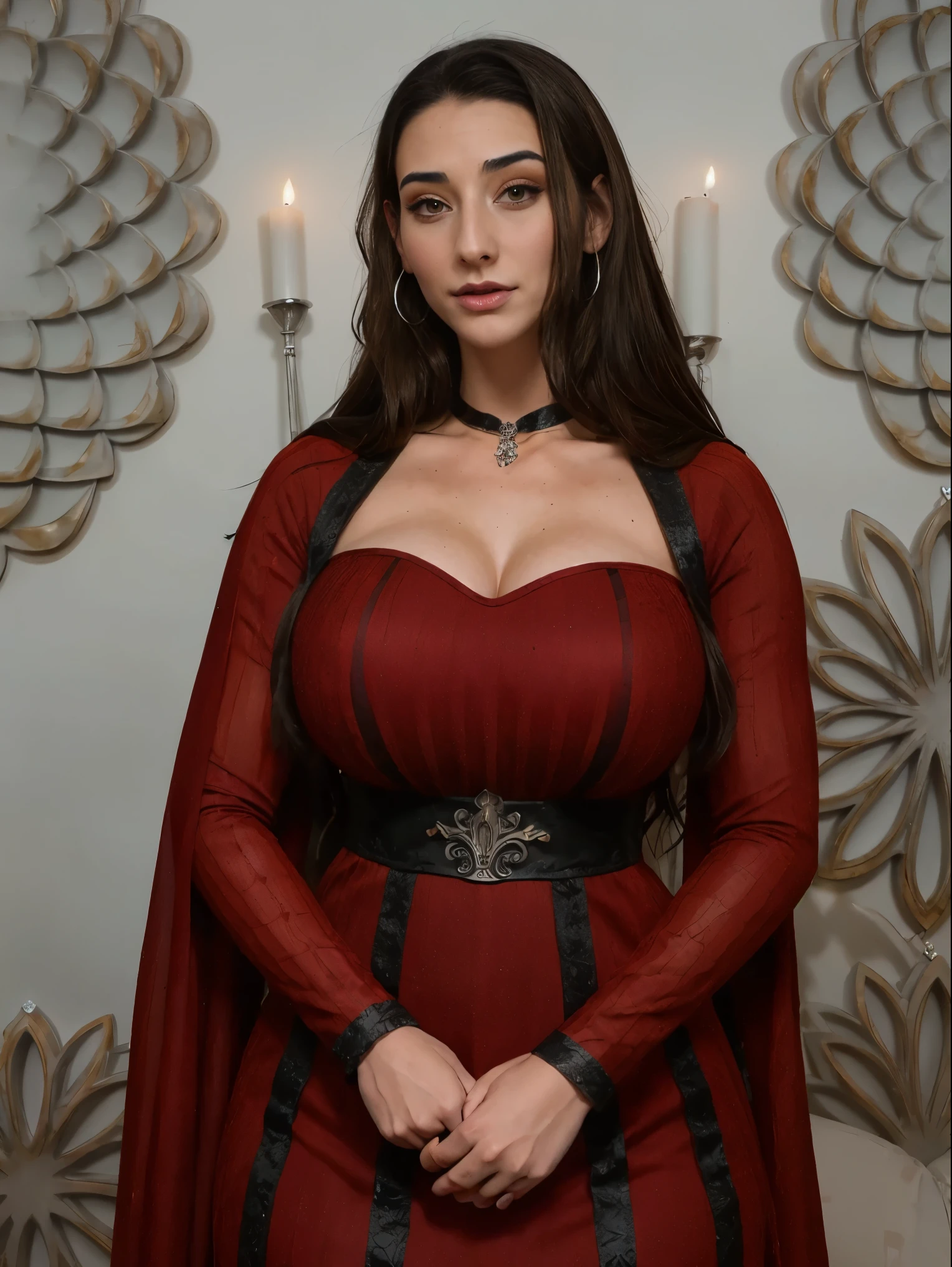 Gorgeous and sultry busty athletic (thin) brunette queen with sharp facial features wearing a dark red medieval dress, long sleeves, intricate patterns, scrollwork, wide neck, crown, veil, long dress, modest dress, tight bodice, silver waist chain, medieval jewelry, Middle Ages, castle, rampart, wall, stained glass