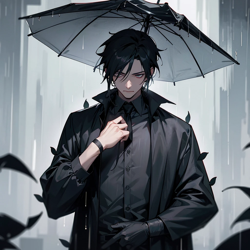 "Anime character man, man with black clothes, smoking in the rain while looking at the sky,2D,rainy atmosphere,with melancholic and contemplative expression" --auto --s2