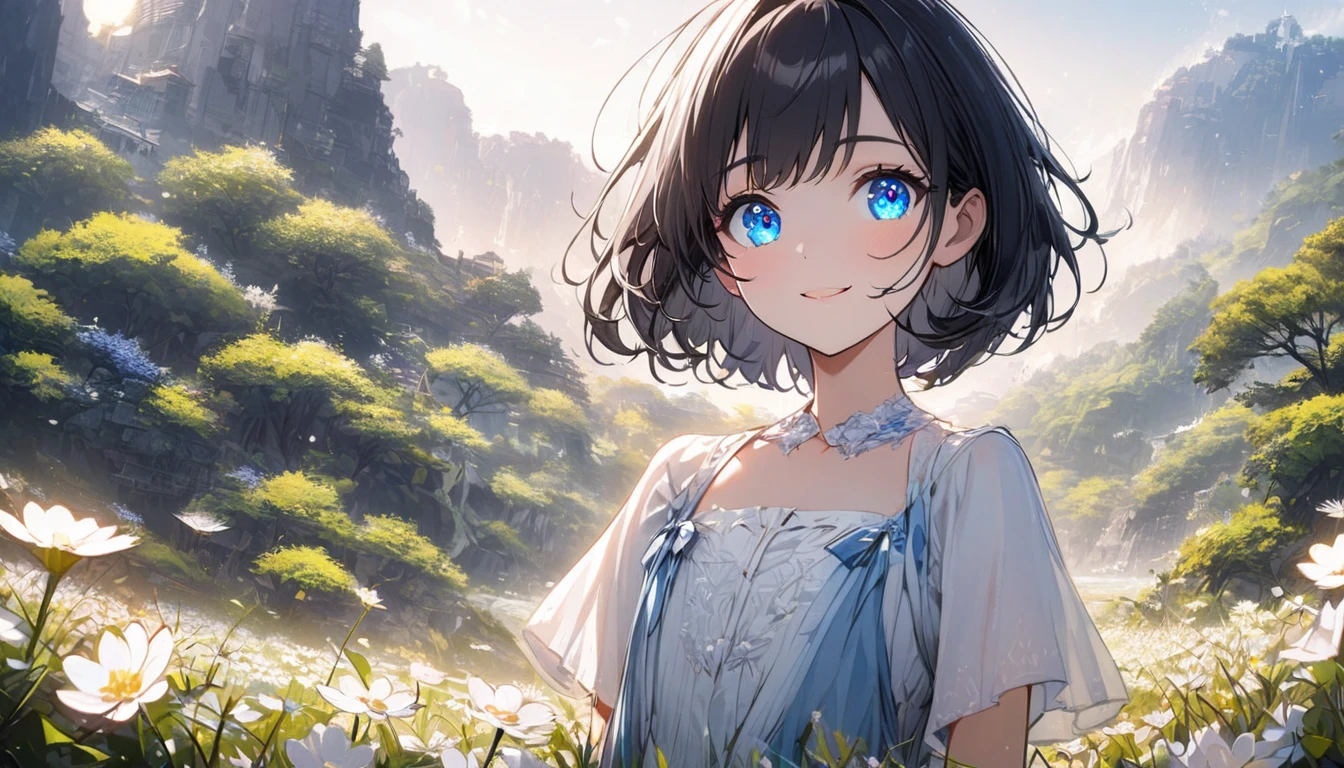 one Beautiful girl, solo, gentle smile on her face flat chest, short hair, black hair, blue eyes, (detailed eyes),Sunny day landscape images, Only landscapes with white flowers, Flower Field, unmanned, There are no animals, Lively, As if blown by the wind々Various kinds of flowers, , Soft lighting, Light background, ndividuality, Beautiful colors, Japanese white trees, standing