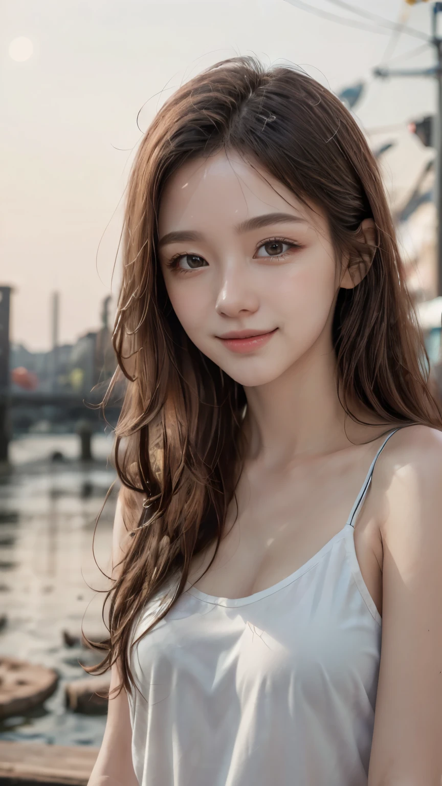 (8k, Highest quality, masterpiece:1.2), (Realistic, photo-Realistic:1.37), Very detailed, 1 girl,cute, alone,Beautifully detailed skies,date,(Red Nose),(smile:1.15),(Mouth closed) ,Beautiful details, (Long Hair:1.2),Floating Hair NovaFrogStyle, Upper Body, Tank top