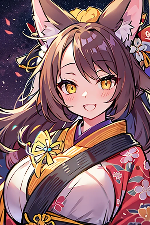 Fox-eared witch,(Highest quality:1.2)、Girl with long brown ponytail、(Yellow fox ears)、(Fox Tail)、shrine、4K resolution、Traditional Japanese kimono like an onmyoji、Big Breasts、Illustrations similar to Genshin、Clothes like Kitasan Black、looking at the camera,Cool smile,Overall image,Don&#39;t show your hands,Expressing strength and courage、