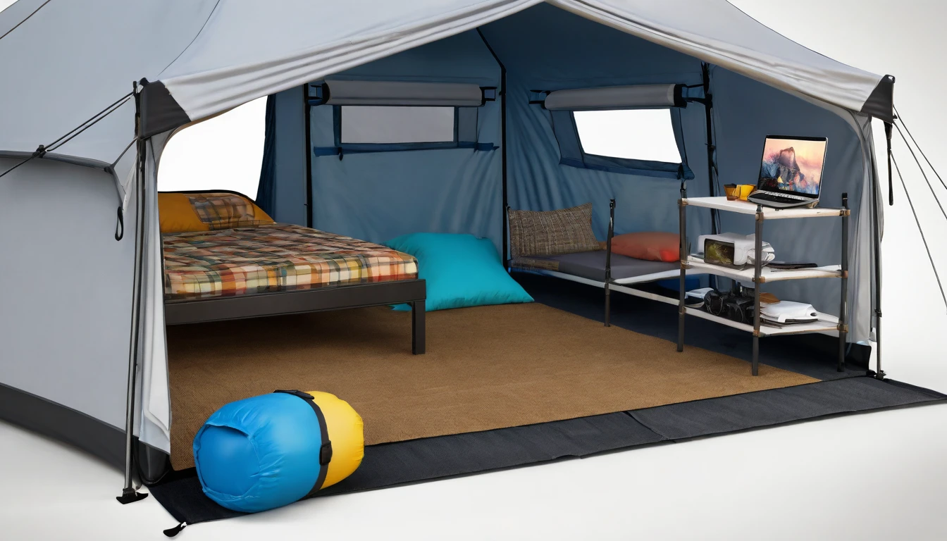 Inside the camping tent,Highest quality, 8k, High resolution, masterpiece:1.2, Very detailed, Realistic:1.37, High resolution, 超High resolution, Very detailed, Professional, Vibrant colors