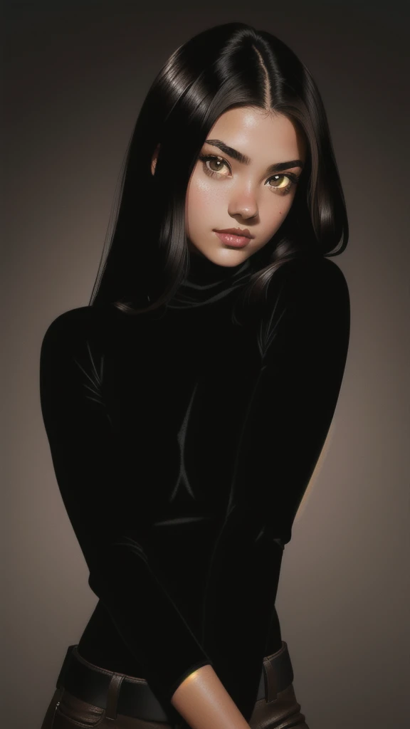 Girl, 17 years old, black hair, light brown eyes, black turtleneck clothing, shiny scratch mark on her neck and shiny lines on her arms 