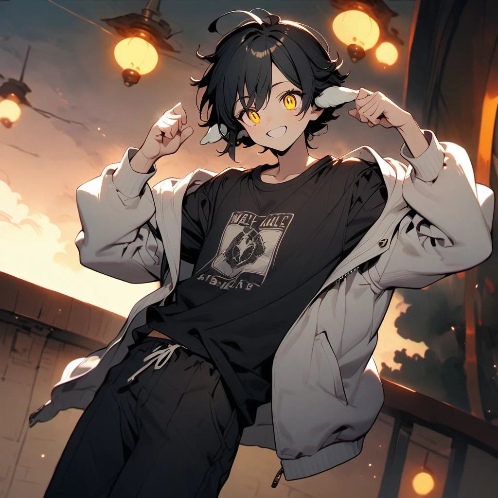 (well done: 1) man, shoulder-length black hair with a slight cream-colored gradient at the ends, white skin, sheep's ears, light dark circles, yellow eyes with rectangular horizontal pupils, loose white jacket, black t-shirt, black pants, sneakers white.