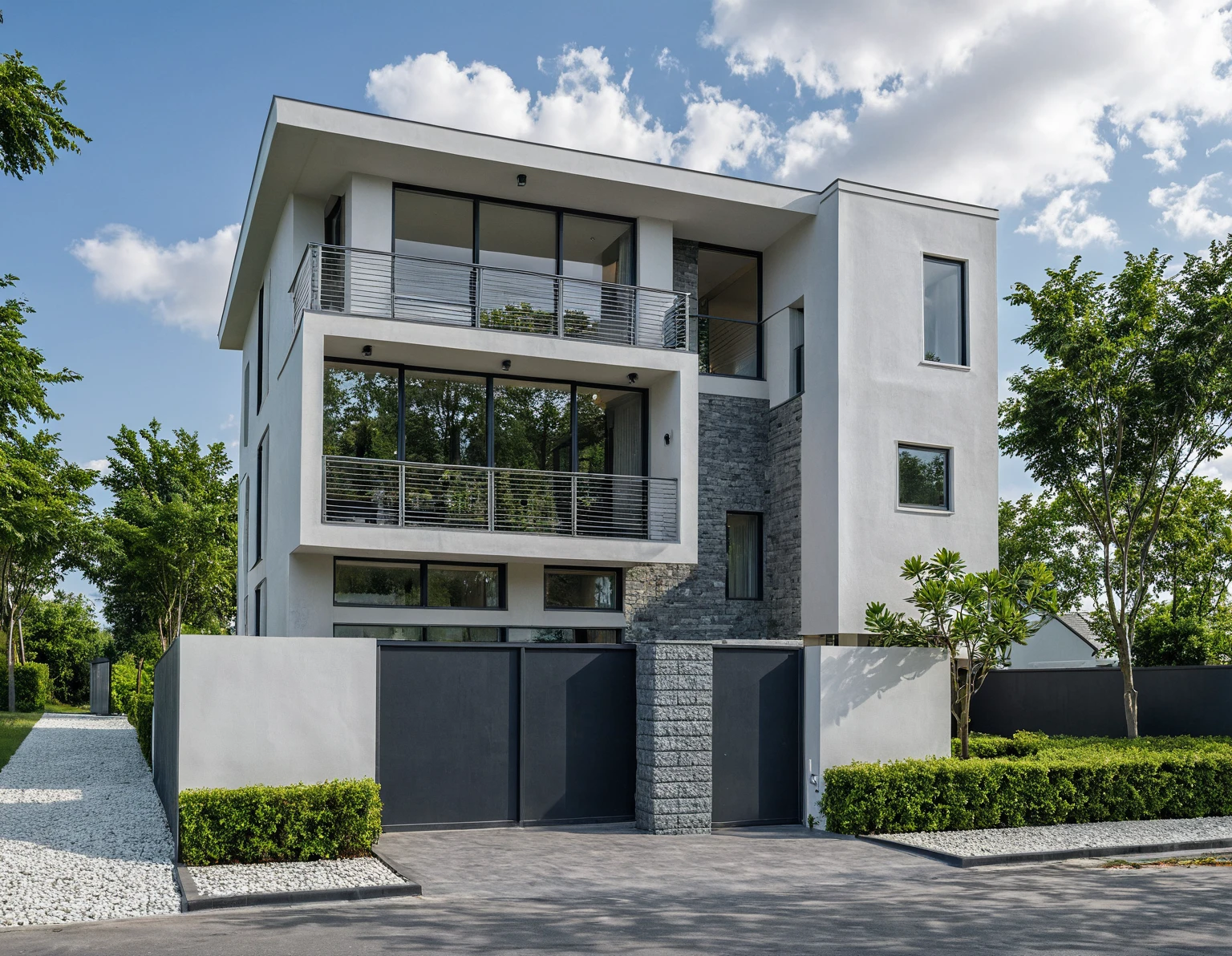 Masterpiece, high quality, best quality, authentic, super detail, outdoors, onestoreyvillaXL, aiaigroup, house style modern on the street ,stairs, white wall ,road,pavement, grass, trees, sky, cloud, (daylight:1.1)