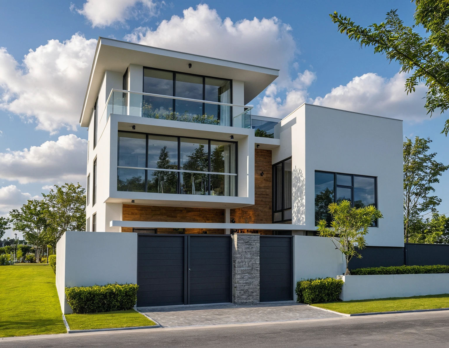 Masterpiece, high quality, best quality, authentic, super detail, outdoors, onestoreyvillaXL, aiaigroup, house style modern on the street ,stairs, white wall ,road,pavement, grass, trees, sky, cloud, (daylight:1.1)
