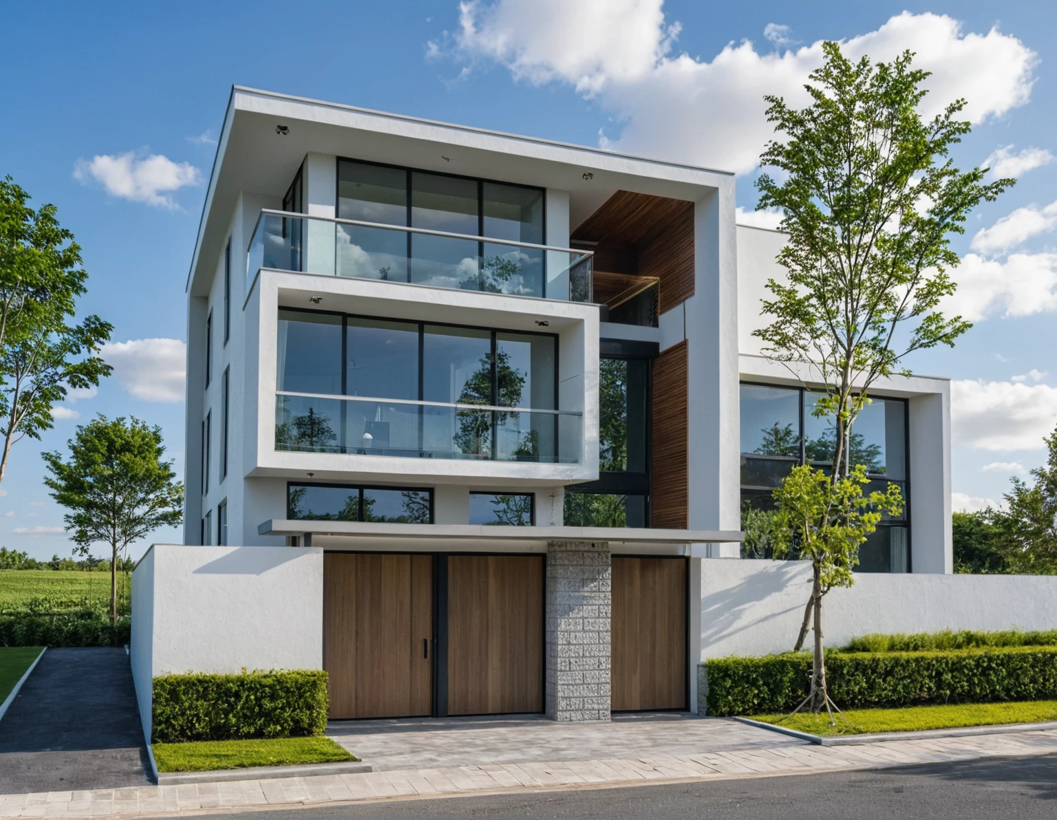 Masterpiece, high quality, best quality, authentic, super detail, outdoors, onestoreyvillaXL, aiaigroup, house style modern on the street ,stairs, white wall ,road,pavement, grass, trees, sky, cloud, (daylight:1.1)
