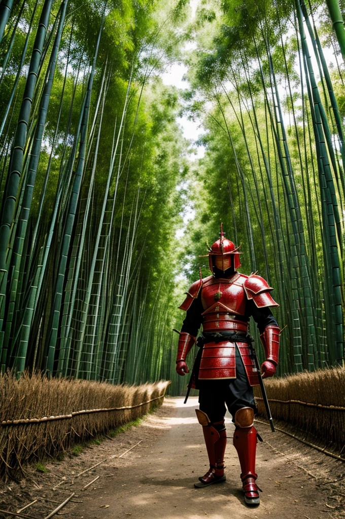 Red armored samurai in the bamboo forest