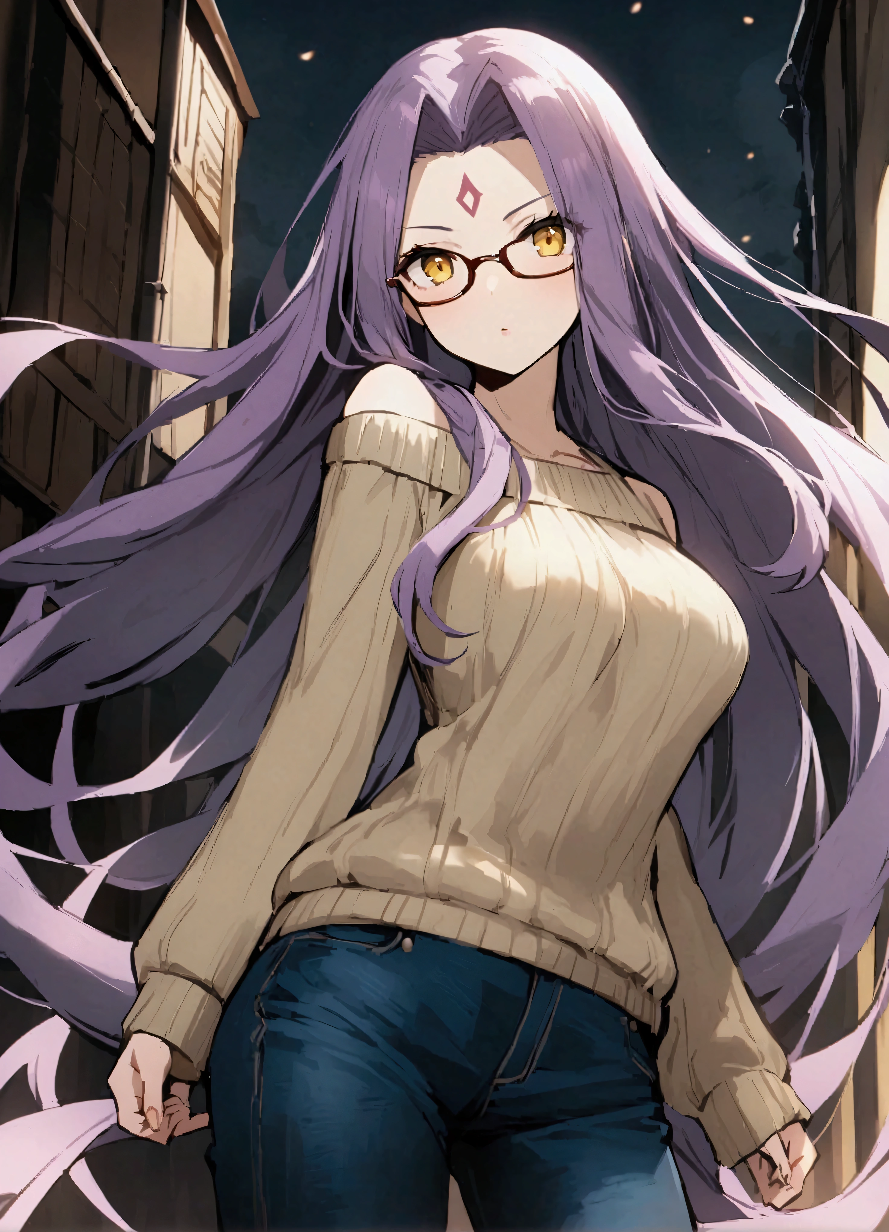 One girl、Medusa(rider)(Fate)、Glasses、、(Wool sweater:1.2)、jeans、Long Hair、Medusa(Fate)、Shoulder Bare、Purple Hair、Forehead mark、solo、Face mark、Yellow Eyes、Large Breasts、とてもLong Hair、Watching the viewer