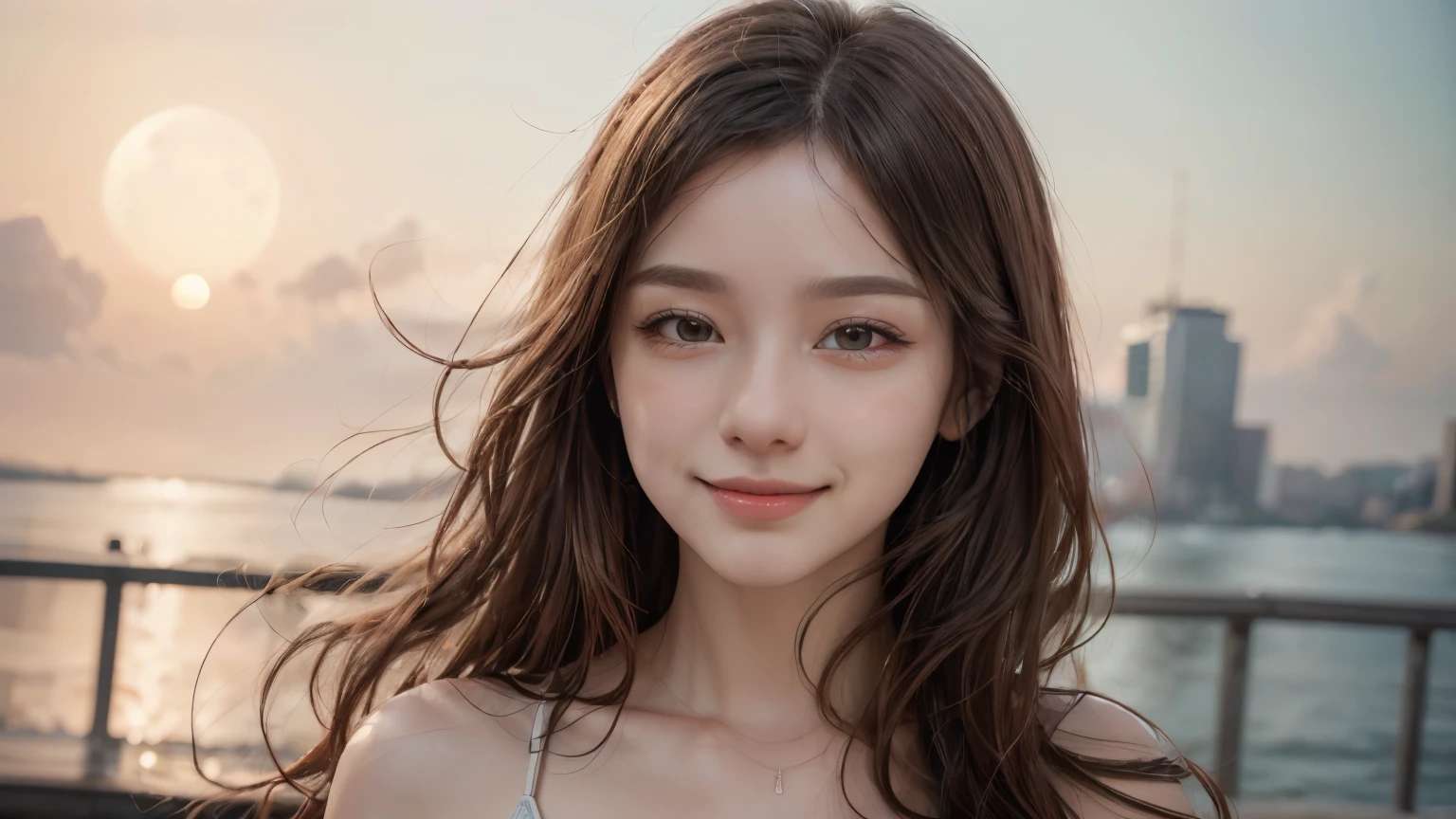 (8k, Highest quality, masterpiece:1.2), (Realistic, photo-Realistic:1.37), Very detailed, 1 girl,cute, alone,Beautifully detailed skies,date,(Red Nose),(smile:1.15),(Mouth closed) ,Beautiful details, (Long Hair:1.2),Floating Hair NovaFrogStyle, Upper Body, Tank top