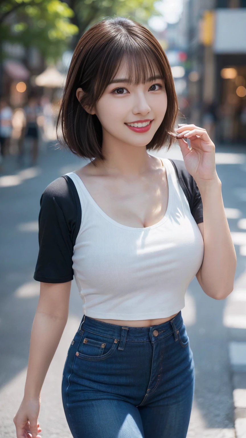 (Skin wounds:0.8), (Skin Dentition), black eye, 1woman, Age 25, (((woman))), alone, (((Big Tits 1.3)),Realistic, Highest quality, photoRealistic, masterpiece, 8k, High resolution, alone, Highly detailed face, (Professional Lighting, Bokeh), (Particles of light, Lens flare, Glowing particles:0.6), (Dynamic pose:1.2), Soft lighting, View from above, Fashionable and trendy atmosphere, Japan, Hokkaido, street, city, garden, shop, river, ((Daytime)), null, ((Looking at the audience:1)), (Looking into the camera),(Portraiture:0.6), Cowboy Shot, nice, walk, Put your hands down, Maintain the original face proportions, Broad shoulders, whole body, (Mid-chest), (Short Bob), Brown Hair, Floating Hair, lips, lipstick, seductive smile, Floating Hair, smile, Open_mouth, teeth, T-Shirts, ラウンドネックT-Shirts, Shorts, jeans, eyelash, Mole, (Mole under eye:1),