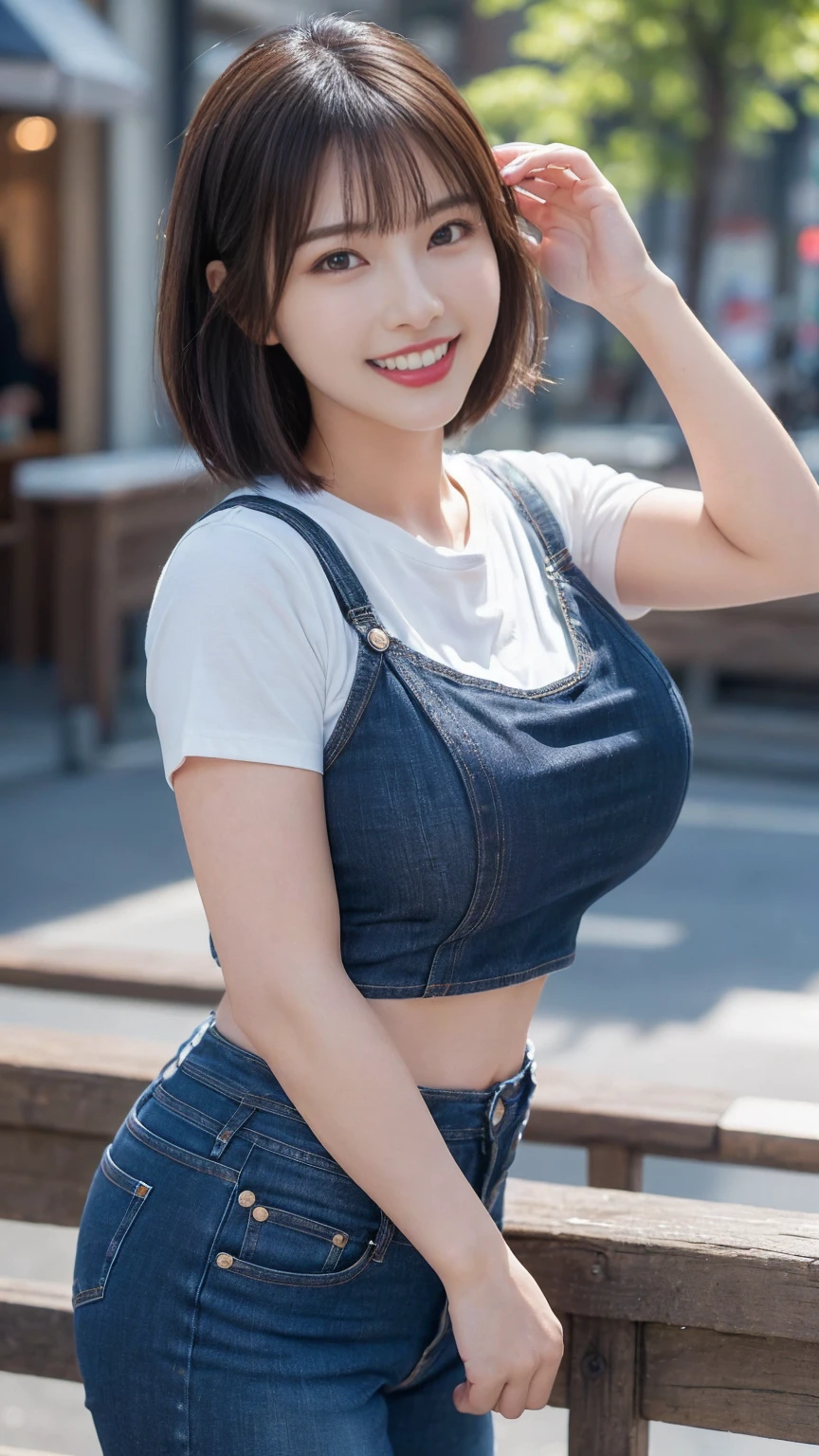 (Skin wounds:0.8), (Skin Dentition), black eye, 1woman, Age 25, (((woman))), alone, (((Big Tits 1.3)),Realistic, Highest quality, photoRealistic, masterpiece, 8k, High resolution, alone, Highly detailed face, (Professional Lighting, Bokeh), (Particles of light, Lens flare, Glowing particles:0.6), (Dynamic pose:1.2), Soft lighting, View from above, Fashionable and trendy atmosphere, Japan, Hokkaido, street, city, garden, shop, river, ((Daytime)), null, ((Looking at the audience:1)), (Looking into the camera),(Portraiture:0.6), Cowboy Shot, nice, walk, Put your hands down, Maintain the original face proportions, Broad shoulders, whole body, (Mid-chest), (Short Bob), Brown Hair, Floating Hair, lips, lipstick, seductive smile, Floating Hair, smile, Open_mouth, teeth, T-Shirts, ラウンドネックT-Shirts, Shorts, jeans, eyelash, Mole, (Mole under eye:1),