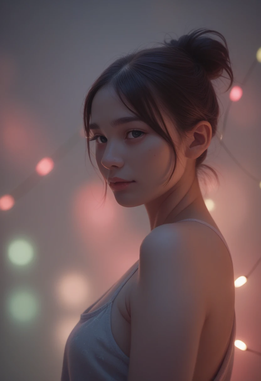 cute young woman, ultra high quality, nude, topless, nipples,  volumetric, bioluminescence, luminism, pink-orange, global illumination, ambient occlusion, masterpiece, art by Ilya Kuvshinov, omimoji, busy image, Tokyo anime awards winner, octane render, unreal engine 5,