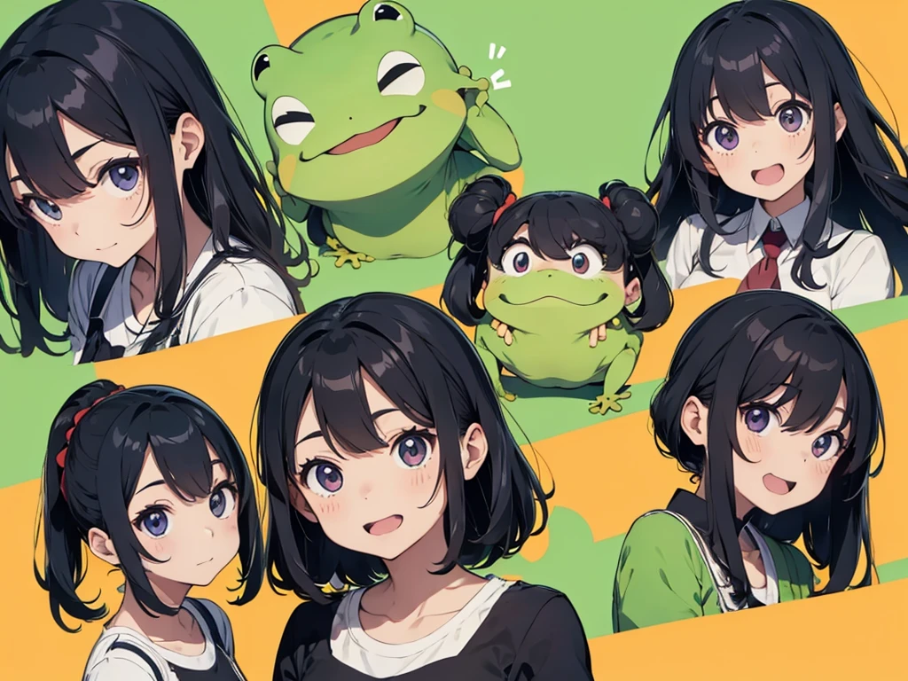 Middle parted hair、Frog-like face、Distant eyes、Big Mouth、Low Nose、front