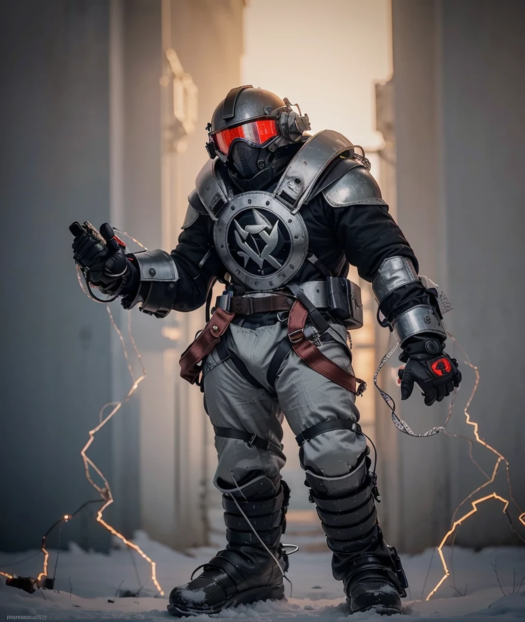 Soviet male soldier, painted Soviet symbols, domed iron helmet with mask and visor, matte gray tachtical metal armor, tubes and cables, dark red overalls, heavy metallic cybernetic gauntlets with built-in Tesla weapon, electric rays, military boots reinforced with metal plates, he is in a Polish forest, snowy day, red sky, epic, 4k, ultra image detailed, realistic, Highly detailed, perfect composition, splendid, Intricately detailed, incredibly detailed, Art photography 8K, hyper detailed, Masterpiece