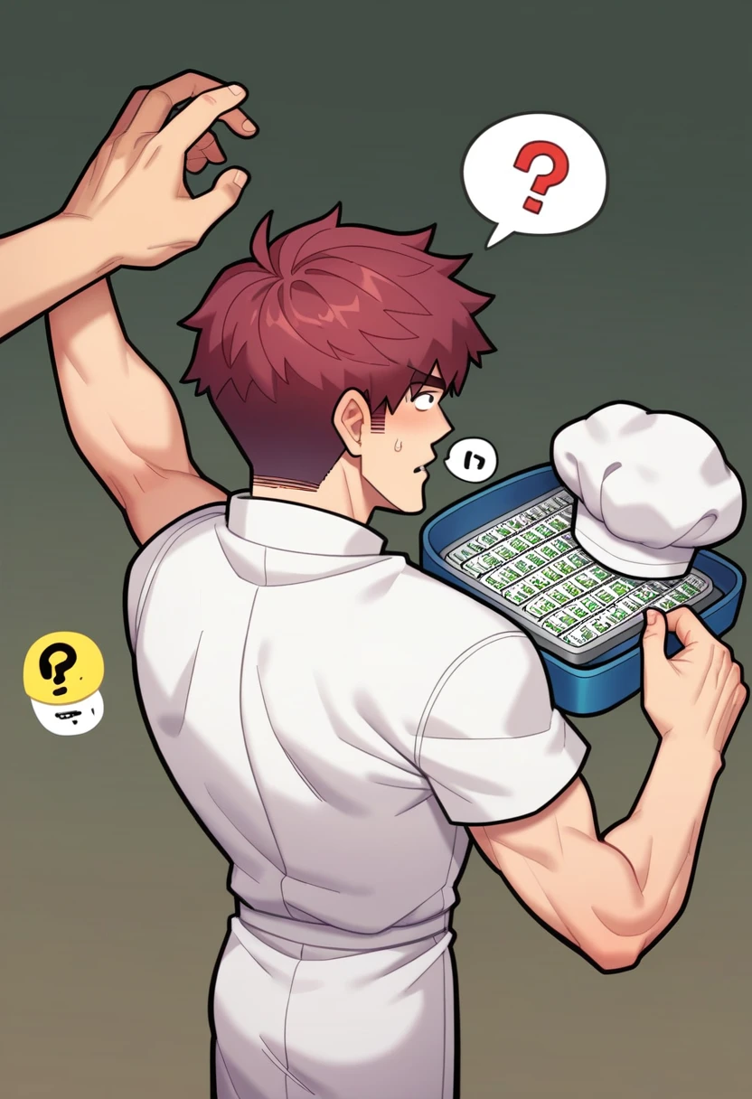punctuation_9, punctuation_8_High above, punctuation_7_High above, punctuation_6_High above, punctuation_5_High above, punctuation_4_High above, source of breakage_アニメ, 1 boy, Asian, longye hair, maroon hair, chef clothes, simple background, handsome man, blurry foreground 