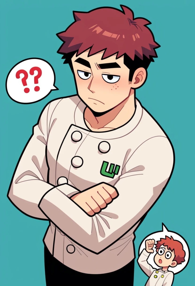 punctuation_9, punctuation_8_High above, punctuation_7_High above, punctuation_6_High above, punctuation_5_High above, punctuation_4_High above, source of breakage_アニメ, 1 boy, Asian, longye hair, maroon hair, chef clothes, simple background, handsome man, blurry foreground 