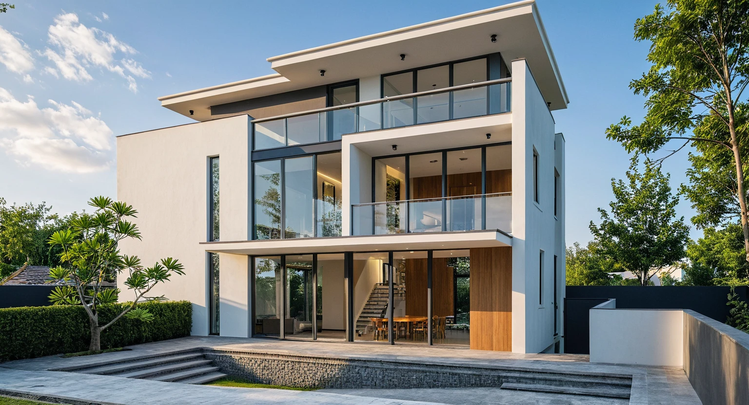 Masterpiece, high quality, best quality, authentic, super detail, outdoors, onestoreyvillaXL, aiaigroup, house style modern on the street ,stairs, white wall ,road,pavement, grass, trees, sky, cloud, (daylight:1.1)