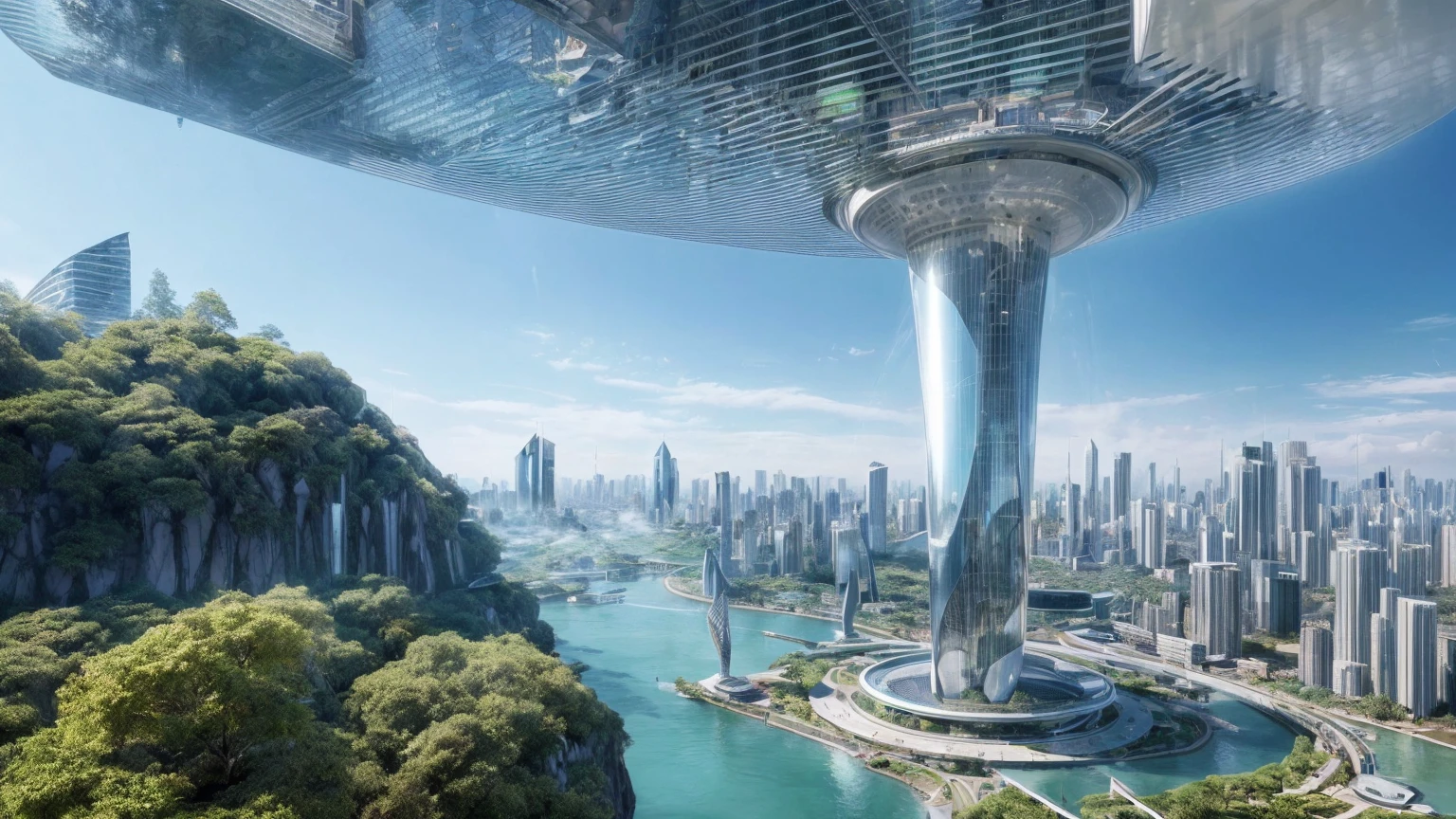 (Best quality,4K,8K,A high resolution,Masterpiece:1.2),Ultra-detailed,(Realistic,Photorealistic,photo-realistic:1.37),Futuristic floating city,Futuristic technology,Huge urban high-tech tablet platform,Airship,Floating in the sky,Futuristic city,Small airships around,High-tech hemispherical platform,Colorful lights,Advanced architecture,modernn architecture,skyscrapper,Access the cloud,Scenic beauty,view over city,Impressive design,Blend seamlessly with nature,energetic and vibrant atmosphere,Futuristic transportation system,Parking is suspended,Transparent path,Lush greenery,Sky gardens,cascading waterfalls,Magnificent skyline,reflections on the water,Sparkling river,Architectural innovation,futuristic skyscrapers,Transparent dome,The shape of the building is unusual,Elevated walkway,Impressive skyline,Glowing lights,Futuristic technology,Minimalist design,Scenic spots,Panoramic view,Cloud Piercing Tower,Vibrant colors,epic sunrise,epic sunset,Dazzling light display,magical ambiance,The future city,Urban Utopia,LuxuryLifestyle,Innovative energy,sustainable development,Smart city technology,Advanced infrastructure,Tranquil atmosphere,Nature and technology live in harmony,Awesome cityscape,Unprecedented urban planning,Architecture connects seamlessly with nature,High-tech metropolis,A cutting-edge engineering marvel,The future of urban living,Visionary architectural concept,Energy-efficient buildings,Harmony with the environment,A city floating above the clouds,Utopian dreams become reality,The possibilities are endless,State-of-the-art transportation network,Green energy integration,Innovative materials,Impressive holographic display,Advanced communication system,Breathtaking aerial view,Quiet and peaceful environment,Modernist aesthetics,Ethereal beauty