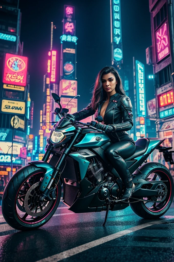 {{A stunningly beautiful and sexy woman piloting a high-performance racing motorcycle in a realistic Cyberpunk style}}, every intricate detail meticulously crafted to perfection. This is a Cyberpunk inspired image that personifies {((the fusion of elegant technology and feminine charm in a bold urban environment))}. The environment/The background must be {((a futuristic metropolis with towering skyscrapers and bustling streets, illuminated by the neon glow of Cyberpunk technology))} to create a {((atmosphere of high-octane excitement and urban sophistication))}. The image must be rendered in {((ultra-realistic and meticulously detailed))} style, drawing of {((the raw and realistic aesthetic of Cyberpunk-themed media))}. The medium shot, captured with a {((Medium Telephoto))} spring, will provide a {((Feeling of dynamic action and realism.))}. The lighting must be {((intense and full of neon))}, Accentuating {((the elegant lines of the motorcycle and the captivating presence of the rider))}. The desired level of detail is {((exquisitely intricate and visually captivating))} with a {((High Definition))} resolution, exhibiting {((the realistic textures of the woman's outfit and the intricate design of the racing motorcycle))}. The goal is to create a {((visually stunning and emotionally engaging))} image that immerses viewers in {((the exciting world of Cyberpunk))}.