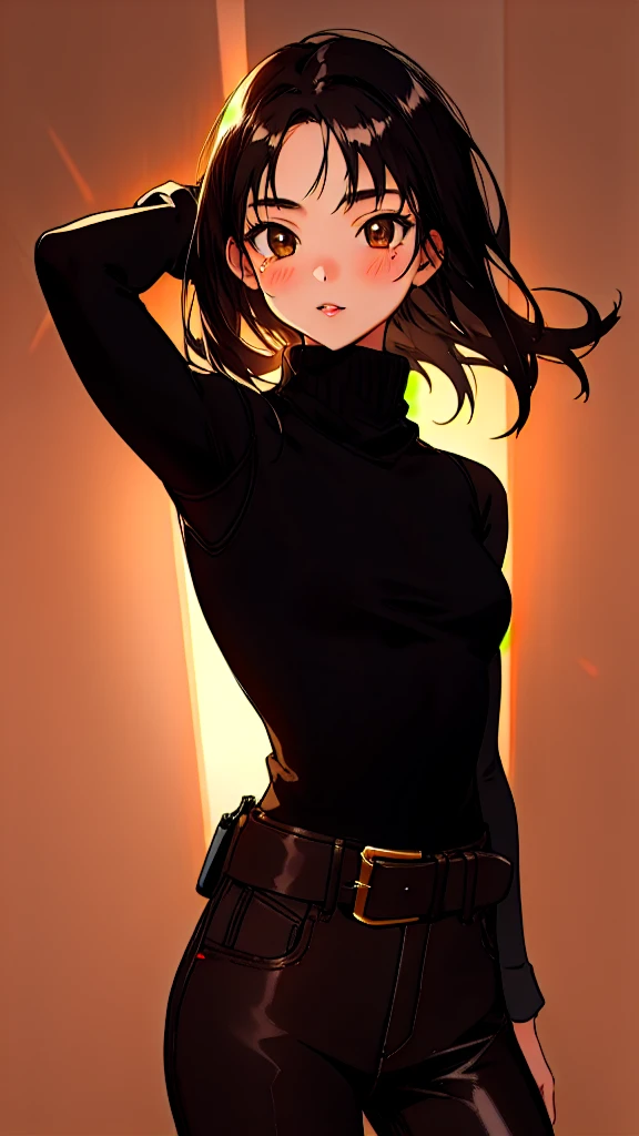 Girl, , black hair, light brown eyes, black turtleneck clothing, shiny scratch mark on her neck and shiny lines on her arms 