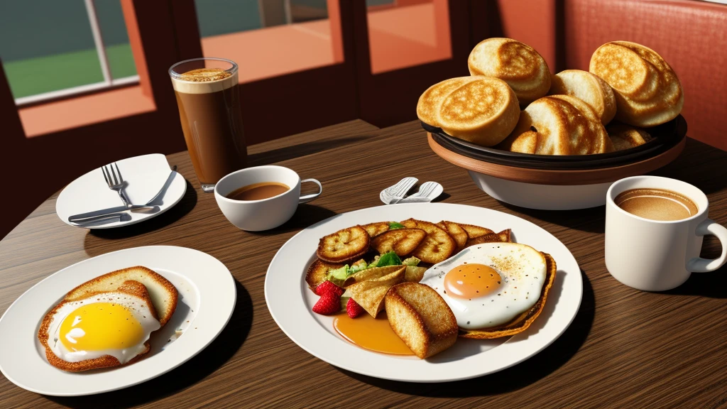 there is a plate of breakfast food on a table with a cup of coffee, an illustration of by Trevor Brown, pixiv, photorealism, hearty breakfast, amazing food illustration, super realistic food picture, anime food, diner background, detailed fanart, detailed digital illustration, highly detailed illustration.”, photorealistic illustration, highly detailed exquisite fanart, highly detailed illustration