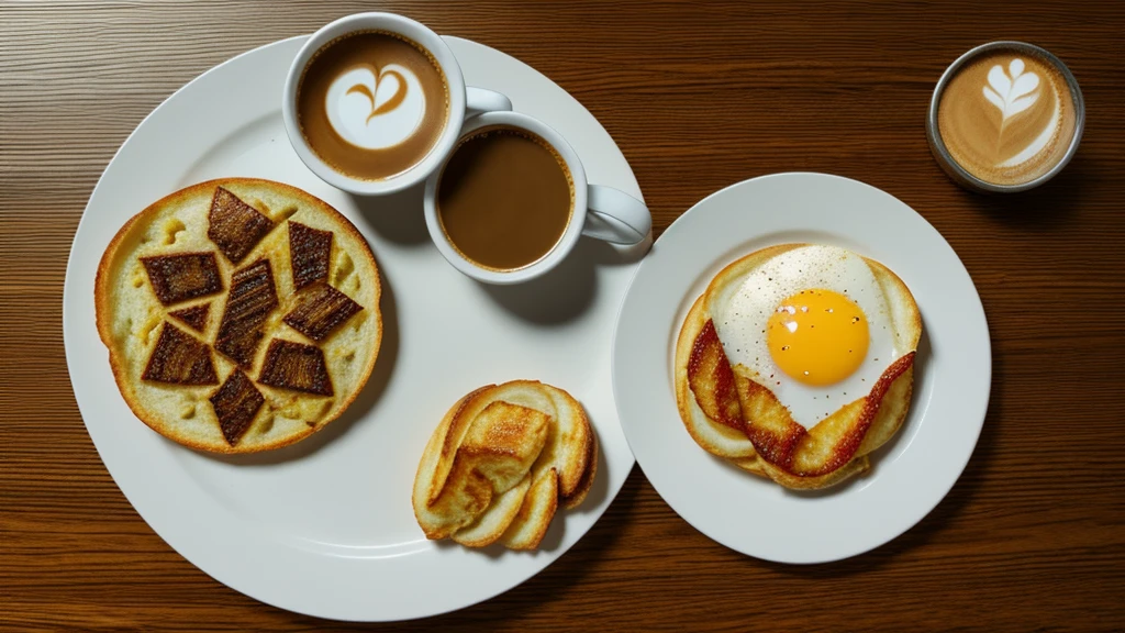 there is a plate of breakfast food on a table with a cup of coffee, an illustration of by Trevor Brown, pixiv, photorealism, hearty breakfast, amazing food illustration, super realistic food picture, anime food, diner background, detailed fanart, detailed digital illustration, highly detailed illustration.”, photorealistic illustration, highly detailed exquisite fanart, highly detailed illustration