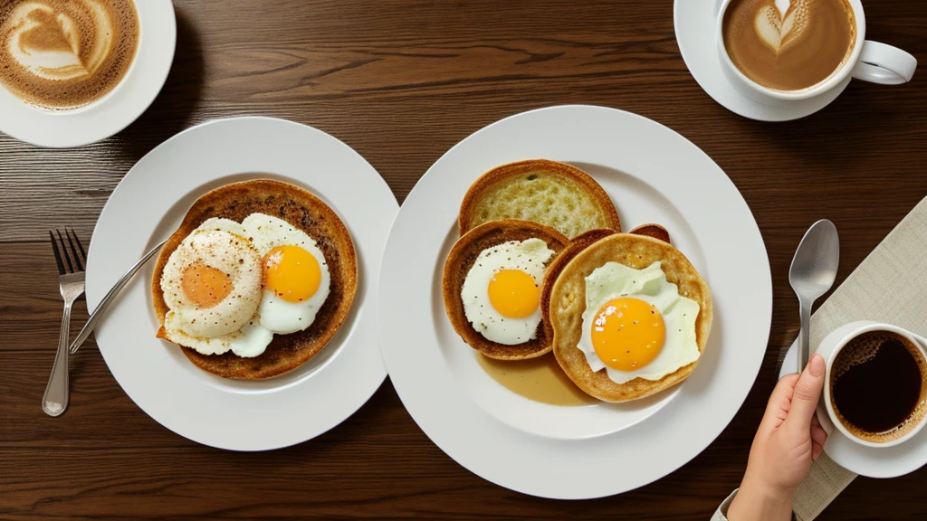 there is a plate of breakfast food on a table with a cup of coffee, an illustration of by Trevor Brown, pixiv, photorealism, hearty breakfast, amazing food illustration, super realistic food picture, anime food, diner background, detailed fanart, detailed digital illustration, highly detailed illustration.”, photorealistic illustration, highly detailed exquisite fanart, highly detailed illustration