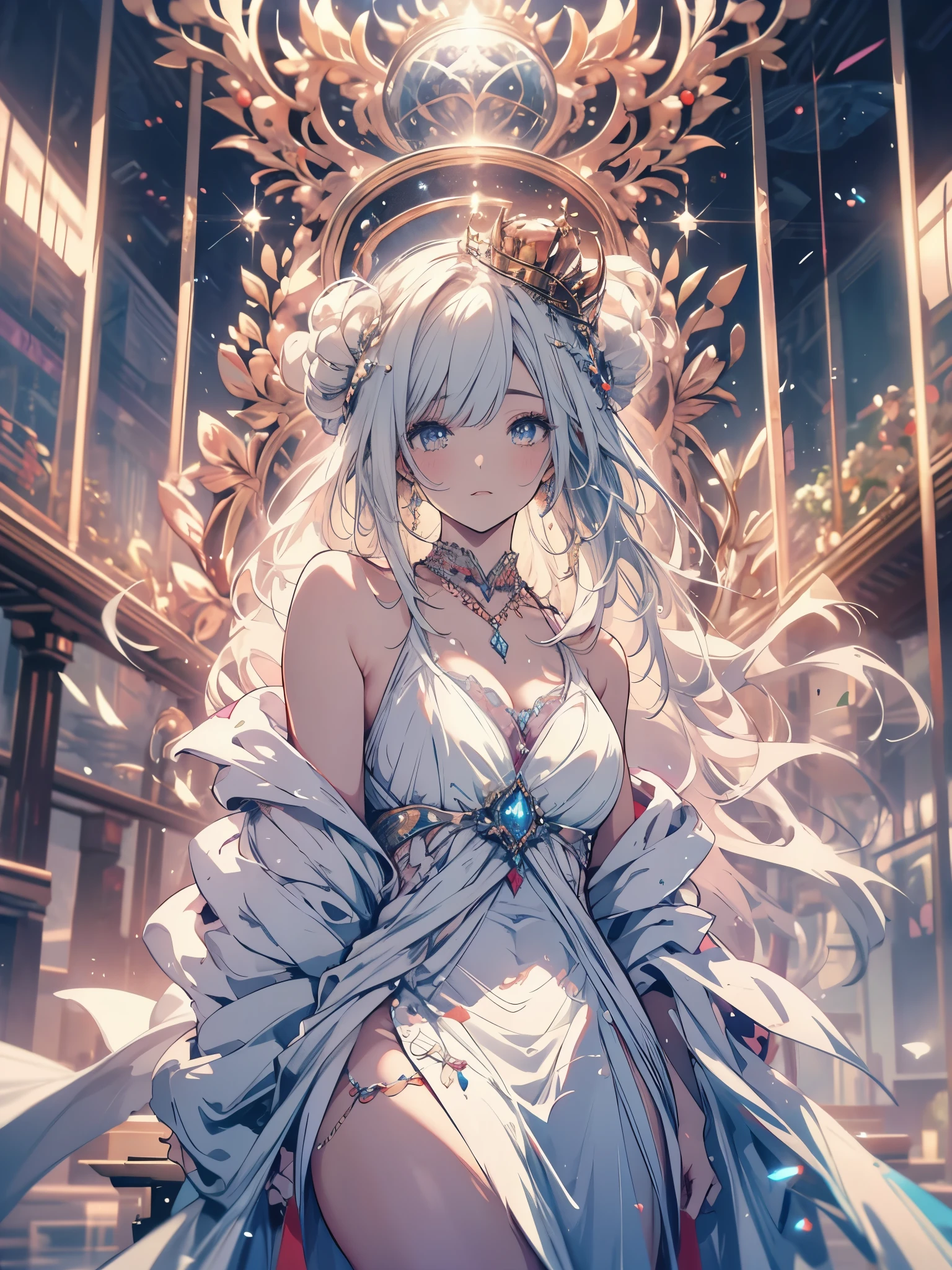 There is a woman with a long plain white dress where her thighs show, neckleace, a thin, long crown in the center of your head, the beautiful fantasy queen, long white hair with streaks of blood at the ends, straight hair, (((thick))), fully body, a work of art in the Guvez style. 5d cgi anime fantasy art, High-quality, detailed artwork in 8K, random scene background