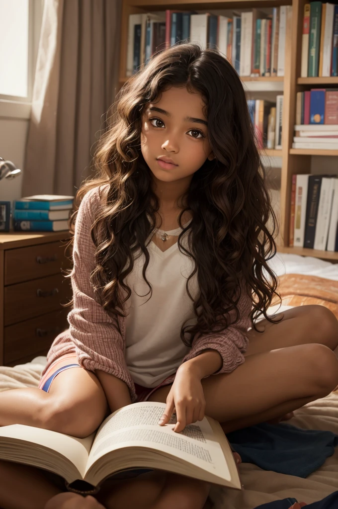 A  girl with wavy hair, brown skin in her room reading a book 