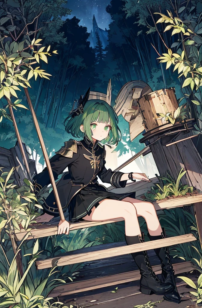 [(green hill background:1.4)::5],original,(shape:1.1),(highest quality),(Tabletop:1.1),(Highly detailed CG Unity 8k wallpaper:1.1), (colorful:0.9),(Mid Shot:0.95),(very detailed beautiful whole body),Dynamic Angle,(alone:1.2), (girl),(((Adult))), (Beautiful eyes in every detail:1.15), (Beautiful Face:1.15), (Glowing green eyes:1.25////),(Gemstone Eyes),(Green Short Hair),(Blunt bangs),((The girl wear a black knight uniform)),Realistic,, girl,Green Hair,((Black long boots)), Black mini skirt,Black knee socks(rage),(Contempt and contempt),rage,(beautiful slender girl),((Adult)),((whole body)),Valkyrie, Decorations,((Thin legs)),((slender girl)),Front Angle,Front Angle,Forest elevation,night,