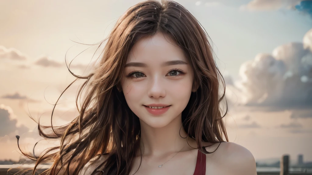 (8k, Highest quality, masterpiece:1.2), (Realistic, photo-Realistic:1.37), Very detailed, 1 girl,cute, alone,Beautifully detailed skies,date,(Red Nose),(smile:1.15),(Mouth closed) ,Beautiful details, (Long Hair:1.2),Floating Hair NovaFrogStyle, Upper Body, Tank top