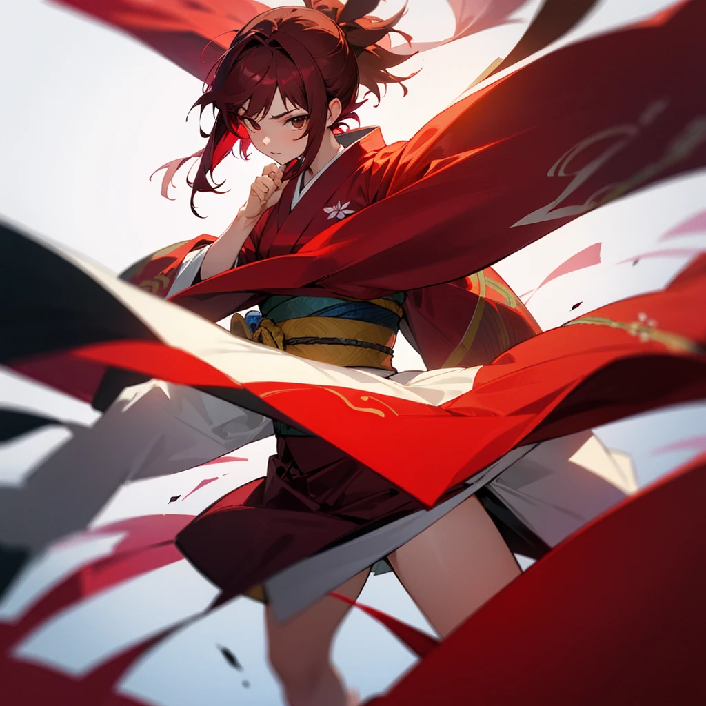 A beautiful fighter (shorth hair) (Brown eyes) (maroon hair) and with a kimono in a really cool pose
