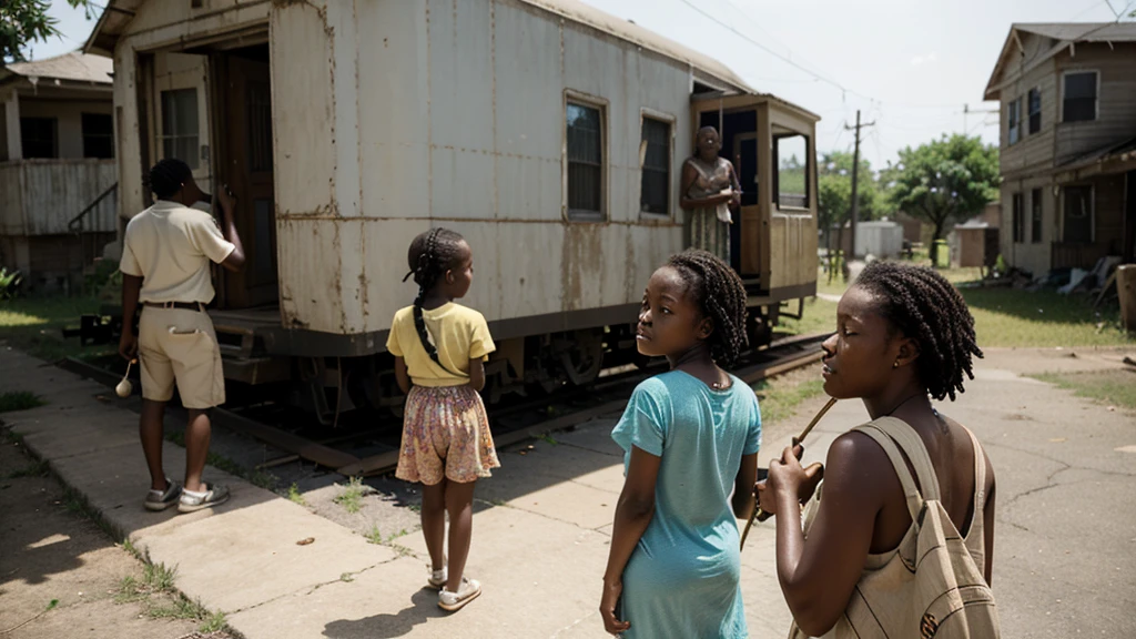A three-generation African-American family rushes out of a Chicago slum in the 1960s.. The afternoon sunlight falls, yellowing their old suitcases and sweaty faces. The old woman uses a cane, Sad eyes looked back at the house they had lived with for so many years. The sound of children crying mingled with the echoing sound of the train whistle, signaling a new life waiting for them ahead