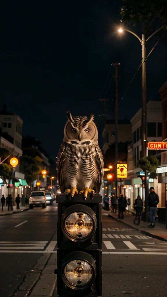 Street in San Francisco, evening, many business lights, owl stopped at a traffic light 