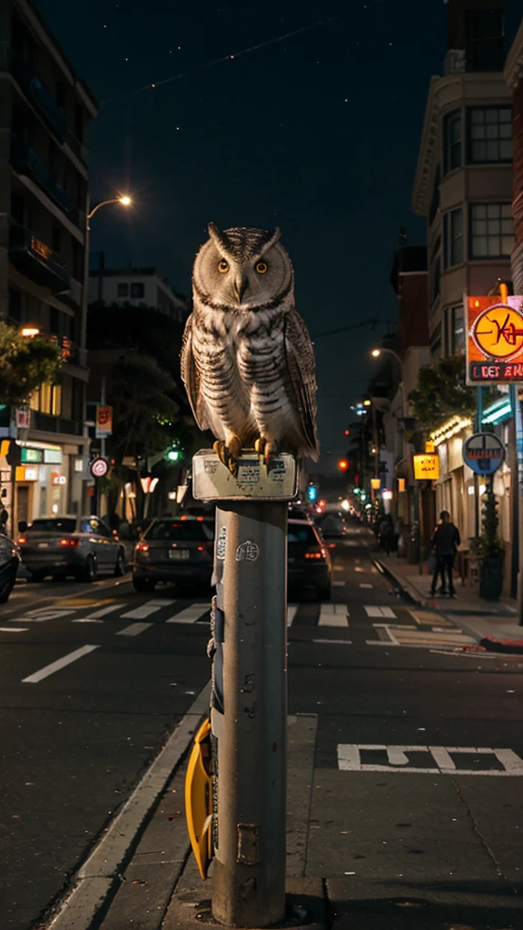 Street in San Francisco, evening, many business lights, owl stopped at a traffic light
