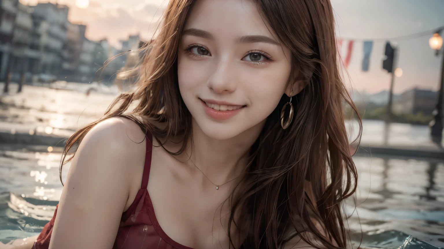 (8k, Highest quality, masterpiece:1.2), (Realistic, photo-Realistic:1.37), Very detailed, 1 girl,cute, alone,Beautifully detailed skies,date,(Red Nose),(smile:1.15),(Mouth closed) ,Beautiful details, (Long Hair:1.2),Floating Hair NovaFrogStyle, Upper Body, Tank top