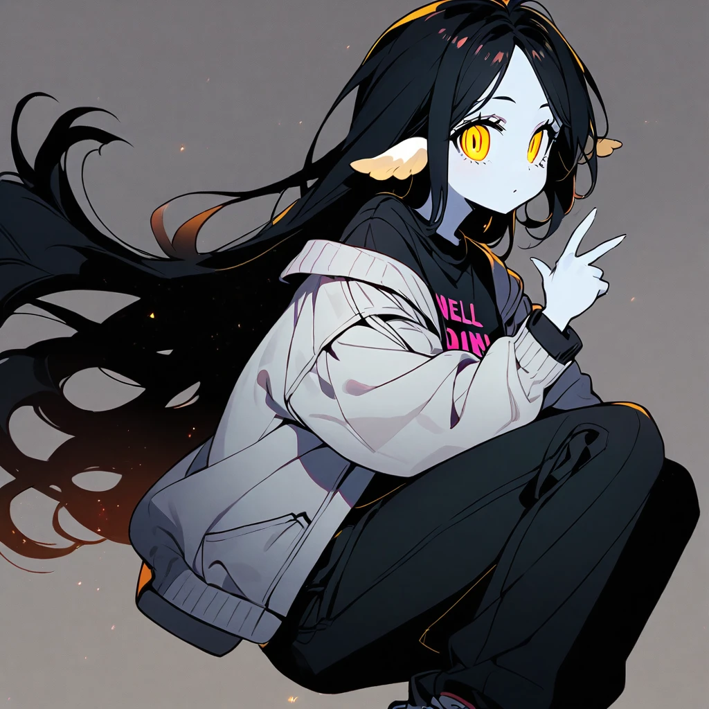 (well done: 1) woman, shoulder-length black hair with a slight cream-colored gradient at the ends, white skin, sheep's ears, light dark circles, yellow eyes with rectangular horizontal pupils, loose white jacket, black t-shirt, black pants, sneakers white.