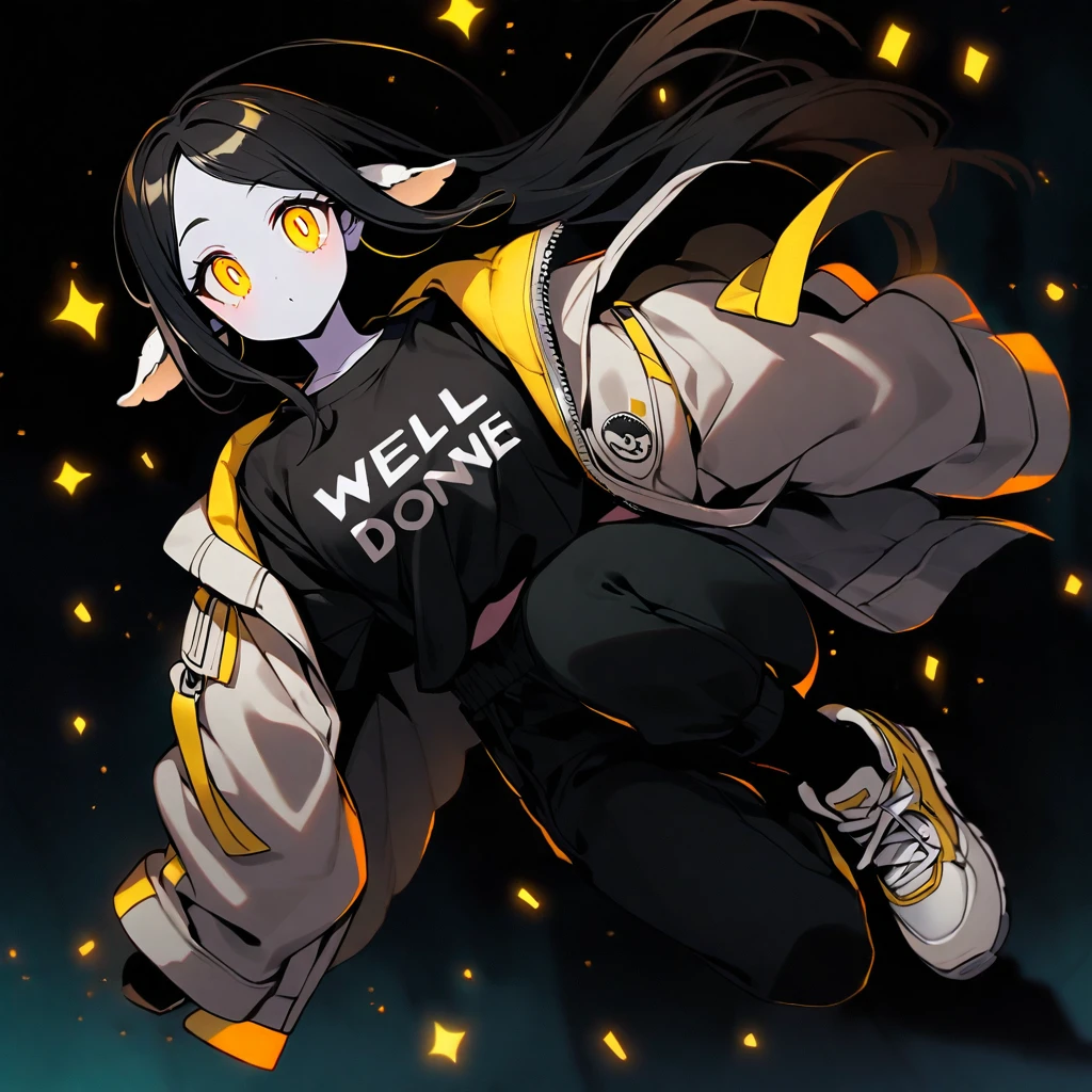 (well done: 1) woman, shoulder-length black hair with a slight cream-colored gradient at the ends, white skin, sheep's ears, light dark circles, yellow eyes with rectangular horizontal pupils, loose white jacket, black t-shirt, black pants, sneakers white.