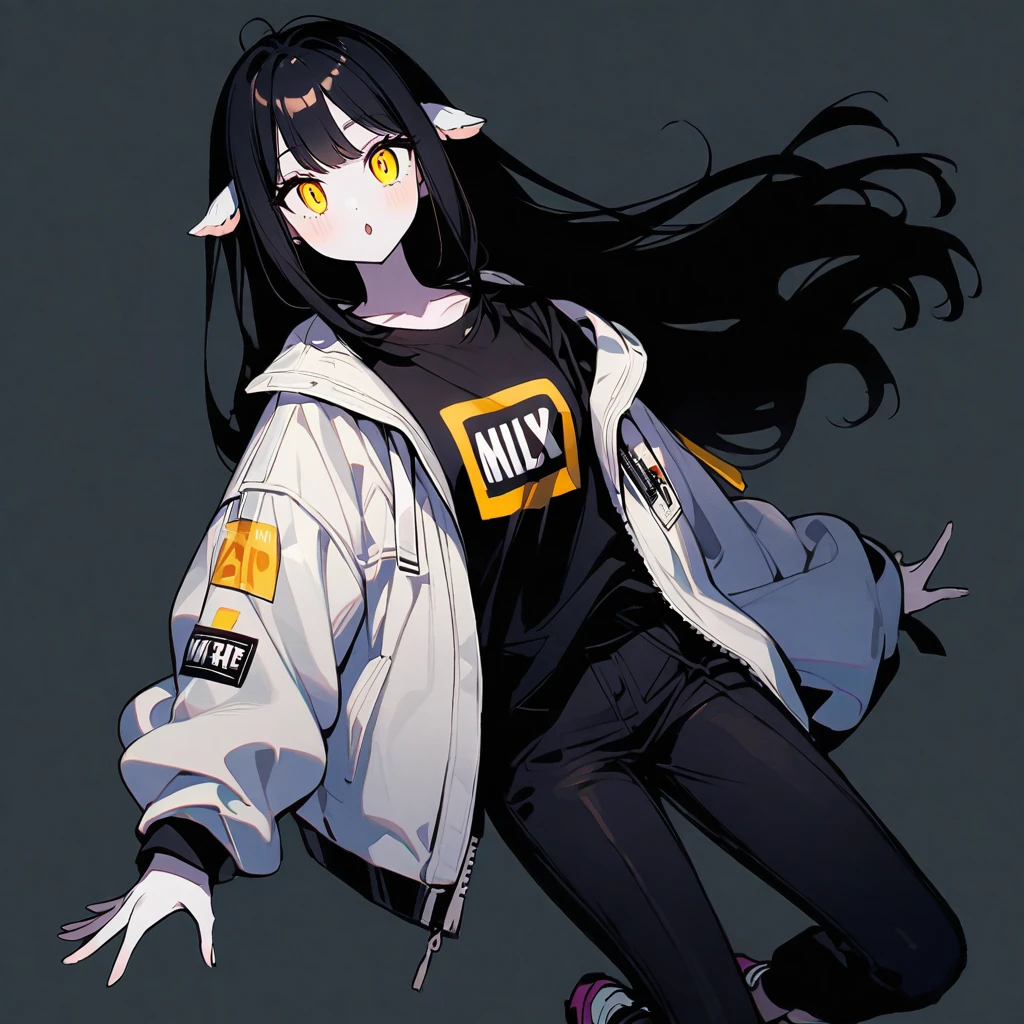 (well done: 1) woman, shoulder-length black hair with a slight cream-colored gradient at the ends, white skin, sheep's ears, light dark circles, yellow eyes with rectangular horizontal pupils, loose white jacket, black t-shirt, black pants, sneakers white.