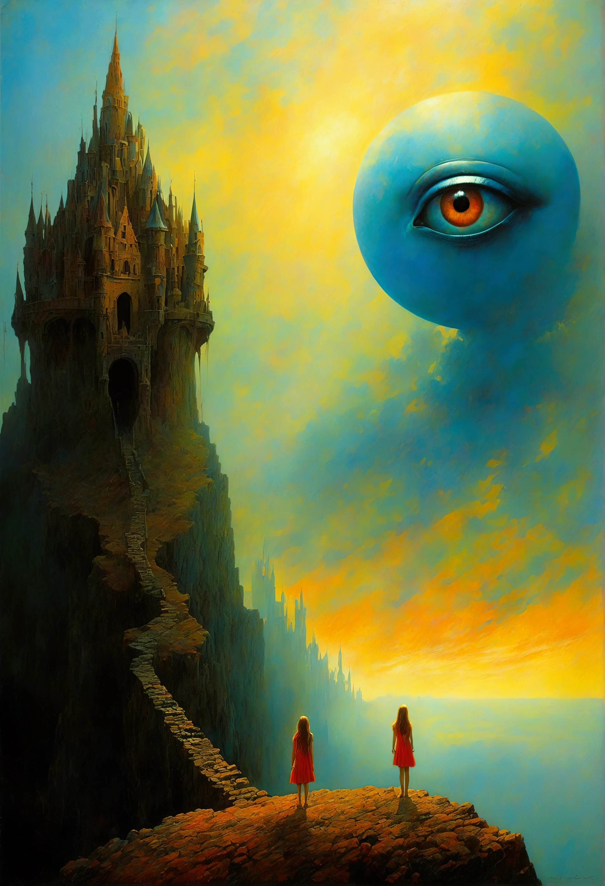 author：Zdzislaw Beksiński、Big Eye in the Sky、girl、Huge castle