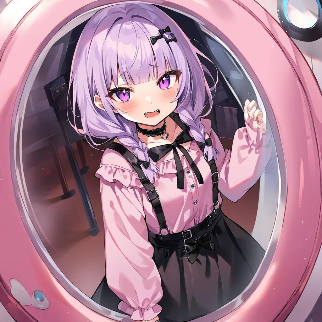 Top quality, masterpiece,a girl
, peal purple and blunt bangs hair, twin braids, eyes closed, mouth wide open and screaming, blushing, smilng,fangs,(a girl with closs hair pin,
pink shirt,cosplay, jirai kei, bangs, black skirt, black bow, looking at viewer, bow, long sleeves, choker, ribbon,:1.4),In the middle of the laboratory, a cryogenic sleep capsule is placed. A girl is standing inside the cryogenic sleep capsule, staring at the camera.
