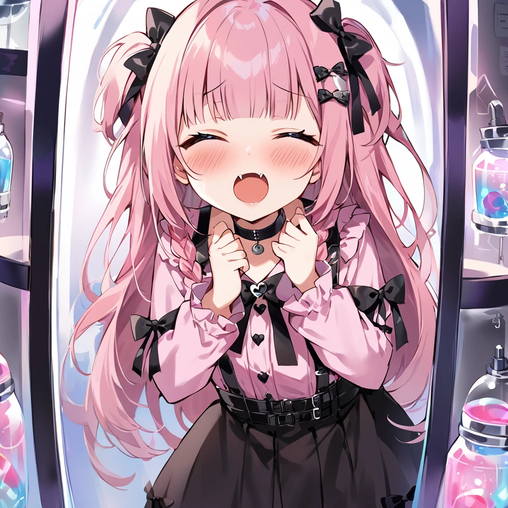 Top quality, masterpiece,a girl
, peal purple and blunt bangs hair, twin braids, eyes closed, mouth wide open and screaming, blushing, smilng,fangs,(a girl with closs hair pin,
pink shirt,cosplay, jirai kei, bangs, black skirt, black bow, looking at viewer, bow, long sleeves, choker, ribbon,:1.4),In the middle of the laboratory, a cryogenic sleep capsule is placed. A girl is standing inside the cryogenic sleep capsule, staring at the camera.
