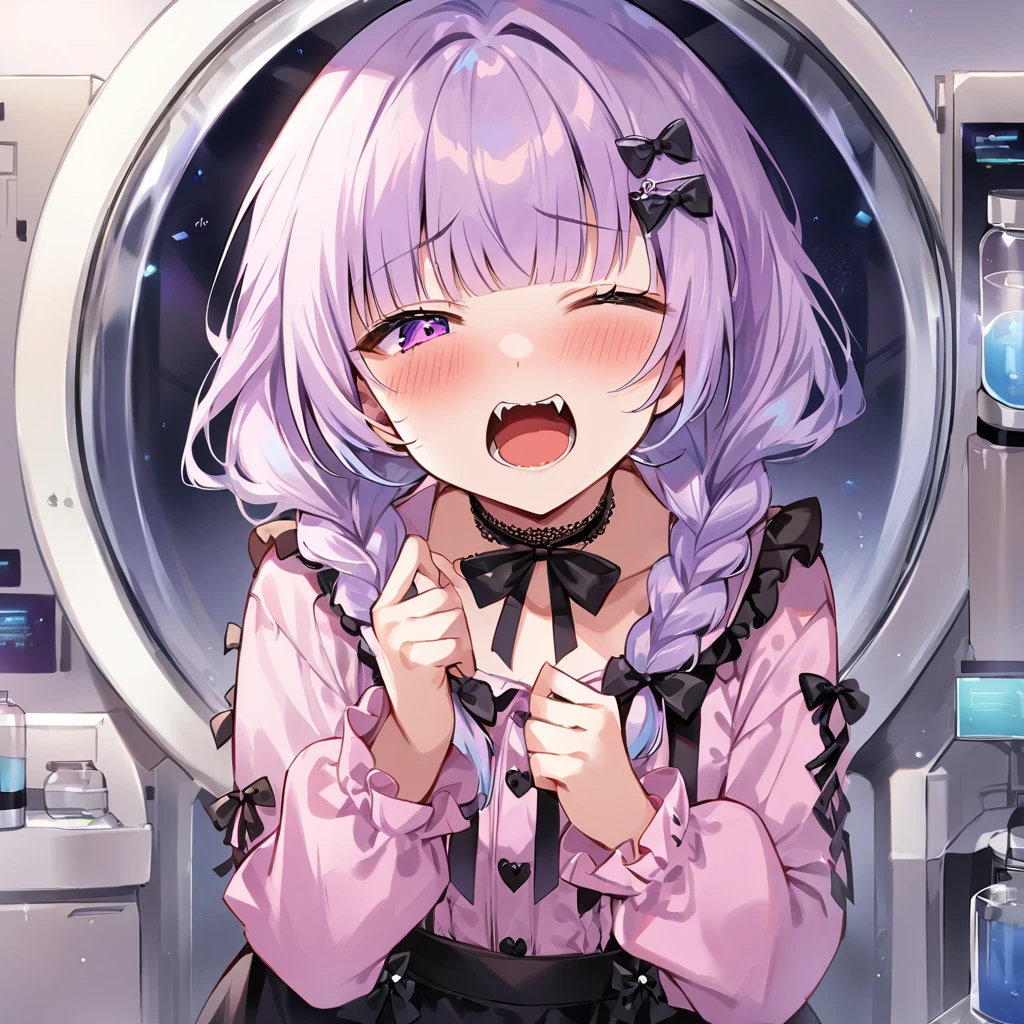Top quality, masterpiece,a girl
, peal purple and blunt bangs hair, twin braids, eyes closed, mouth wide open and screaming, blushing, smilng,fangs,(a girl with closs hair pin,
pink shirt,cosplay, jirai kei, bangs, black skirt, black bow, looking at viewer, bow, long sleeves, choker, ribbon,:1.4),In the middle of the laboratory, a cryogenic sleep capsule is placed. A girl is standing inside the cryogenic sleep capsule, staring at the camera.