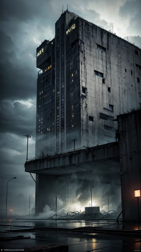 abandoned brutalist architecture of Chernobyl, rainy day, thunder, thunderbolt, hyper realistic DSLR photo, Nikon D5, black, dark, mist, horror, detailed architecture, dramatic lighting, moody atmosphere, decaying walls, puddles, rain drops, HDR, photorealistic, cinematic, dramatic clouds, (best quality:1.2), (masterpiece:1.2), (ultra-detailed:1.2), (extremely detailed:1.3), (photorealistic:1.4), (realistic:1.3), (cinematic lighting:1.3), (dramatic colors:1.2), (moody:1.2)