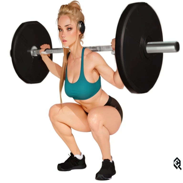 gorgeous  woman, blonde, Brown eyes, practicing squats, crouching pose, strong legs, thrusters, slow body, body is outlined erect, Body cute, beautiful woman, fit woman, apta, exercise, curvy crossfit, Slender Woman