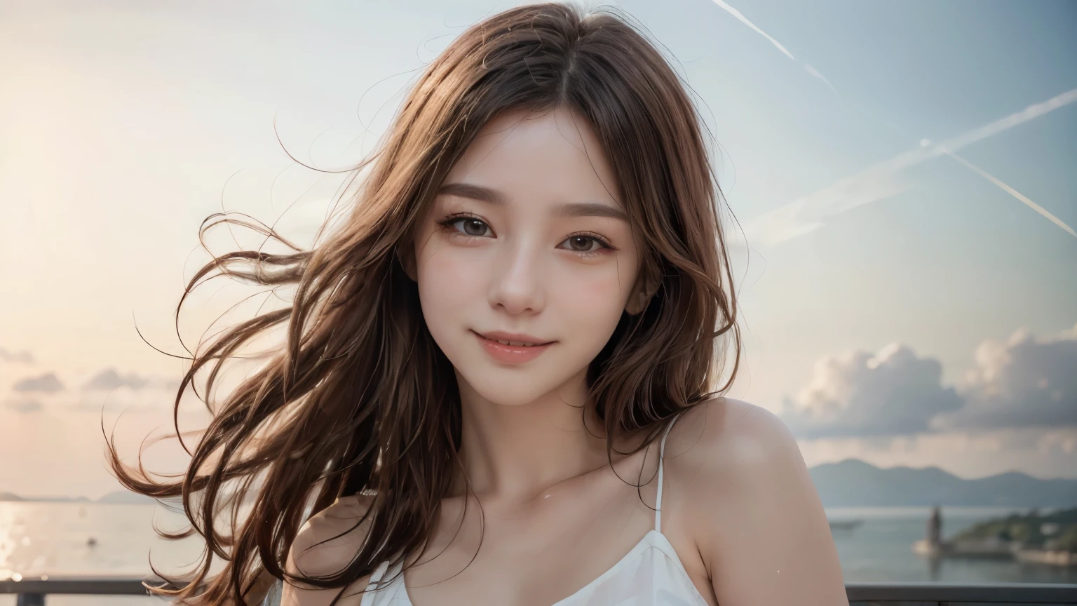 (8k, Highest quality, masterpiece:1.2), (Realistic, photo-Realistic:1.37), Very detailed, 1 girl,cute, alone,Beautifully detailed skies,date,(Red Nose),(smile:1.15),(Mouth closed) ,Beautiful details, (Long Hair:1.2),Floating Hair NovaFrogStyle, Upper Body, Tank top